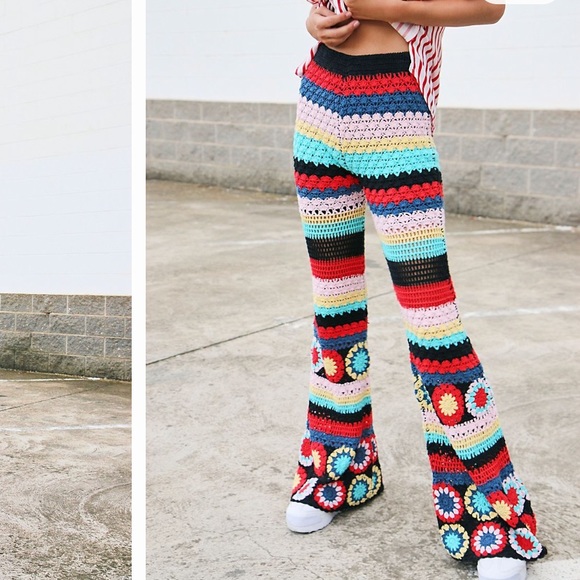 Flook for Free People Pants - FLOOK FOR FREE PEOPLE GRANDPA CROCHET FLARE PANTS IN BLACK COMBO SIZE SMALL